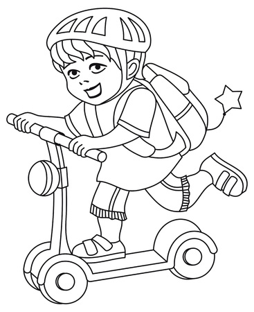 A kid in a bike helmet and with a backpack on his back rides a scooter printable coloring page for kids