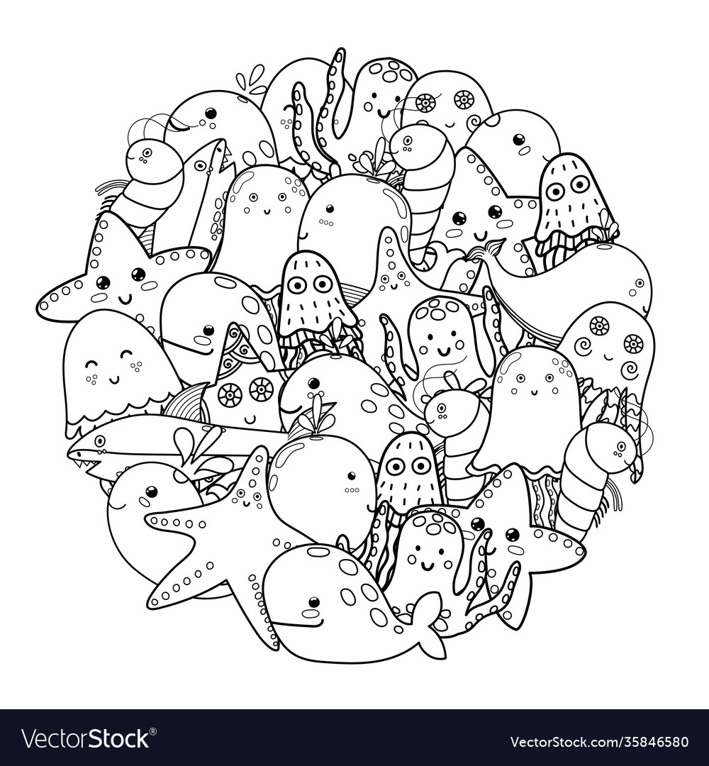 Circle shape coloring page with sea animals black vector image