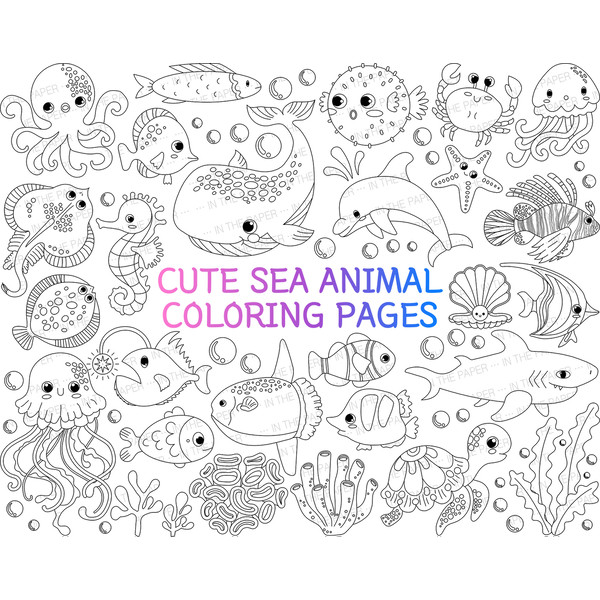 Sea animals coloring pages cute fish jellyfish seaweed