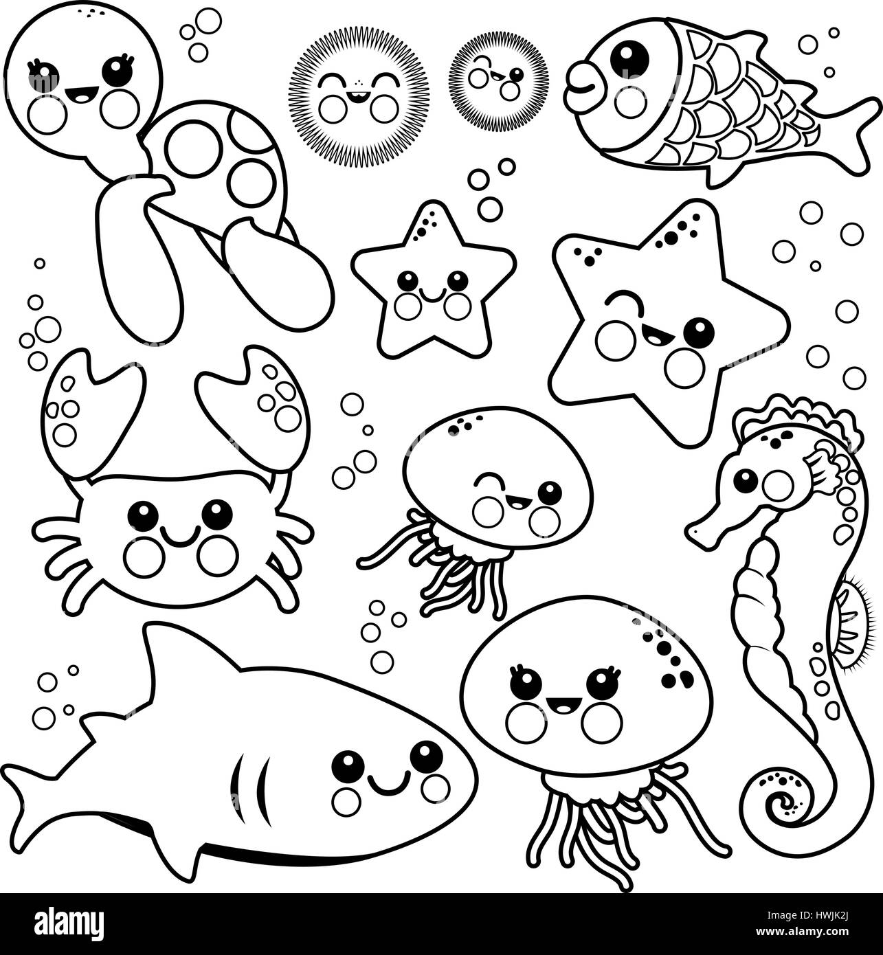 Sea animals coloring book page stock vector image art