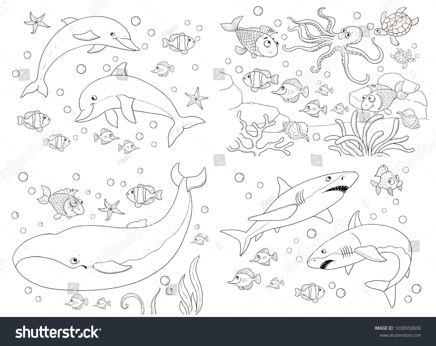 Set cute sea animals ocean coloring stock illustration