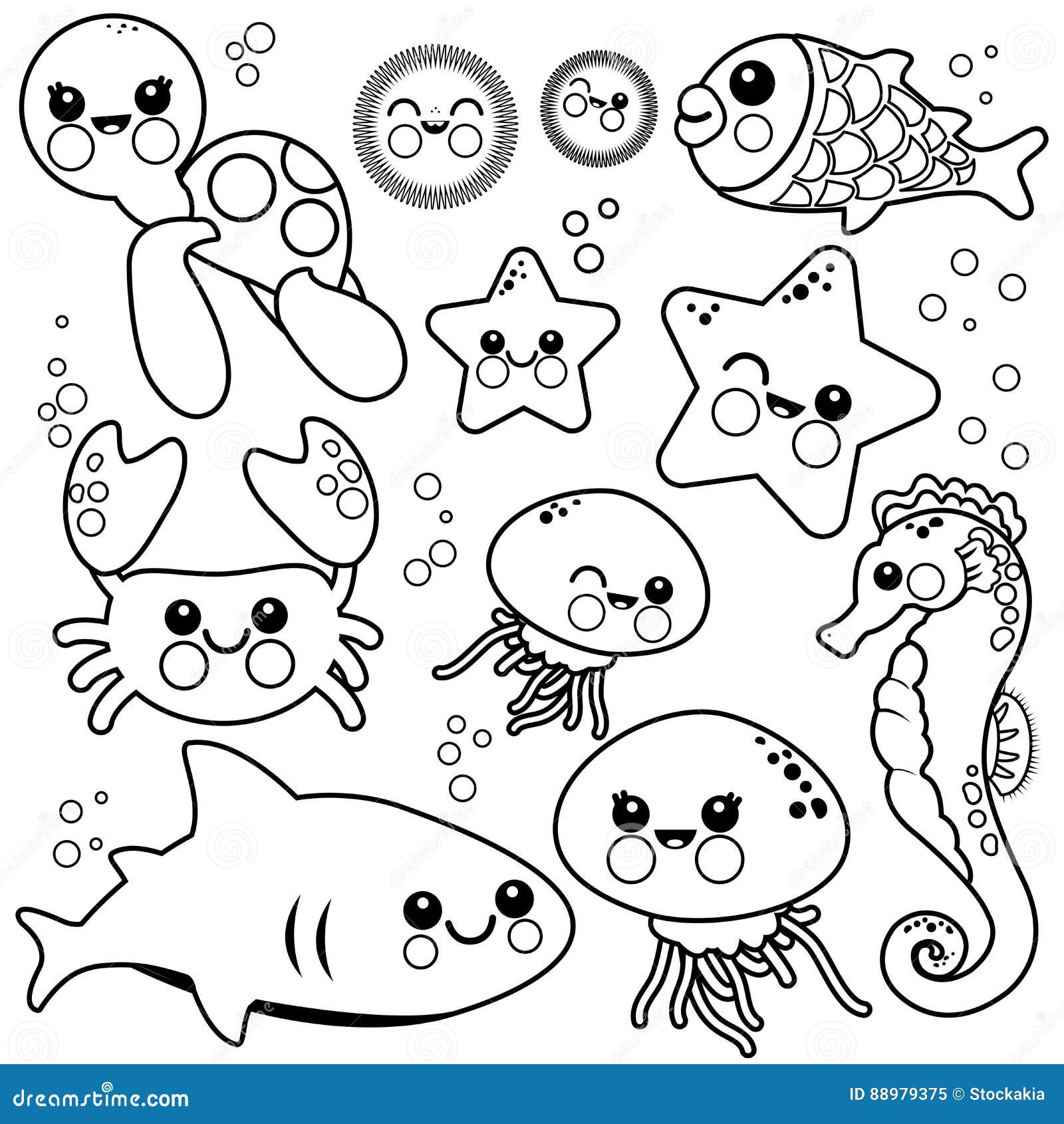 Sea animals swimming in the sea vector black and white coloring page stock vector
