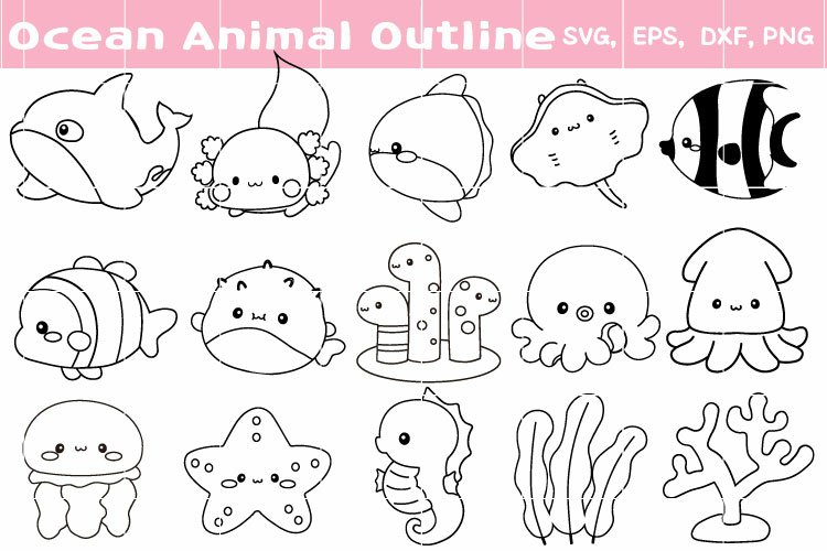 Ocean animals silhouette outlinecoloring pagecricut cut