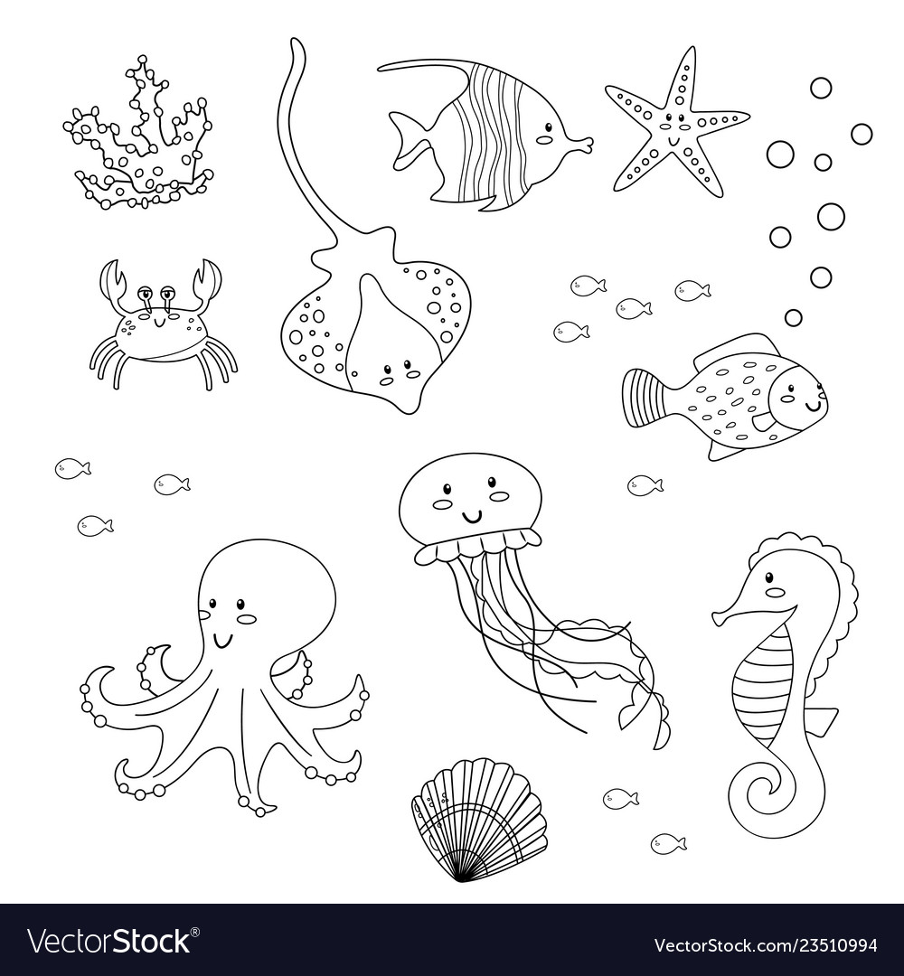 Coloring page for kids set of sea animals vector image