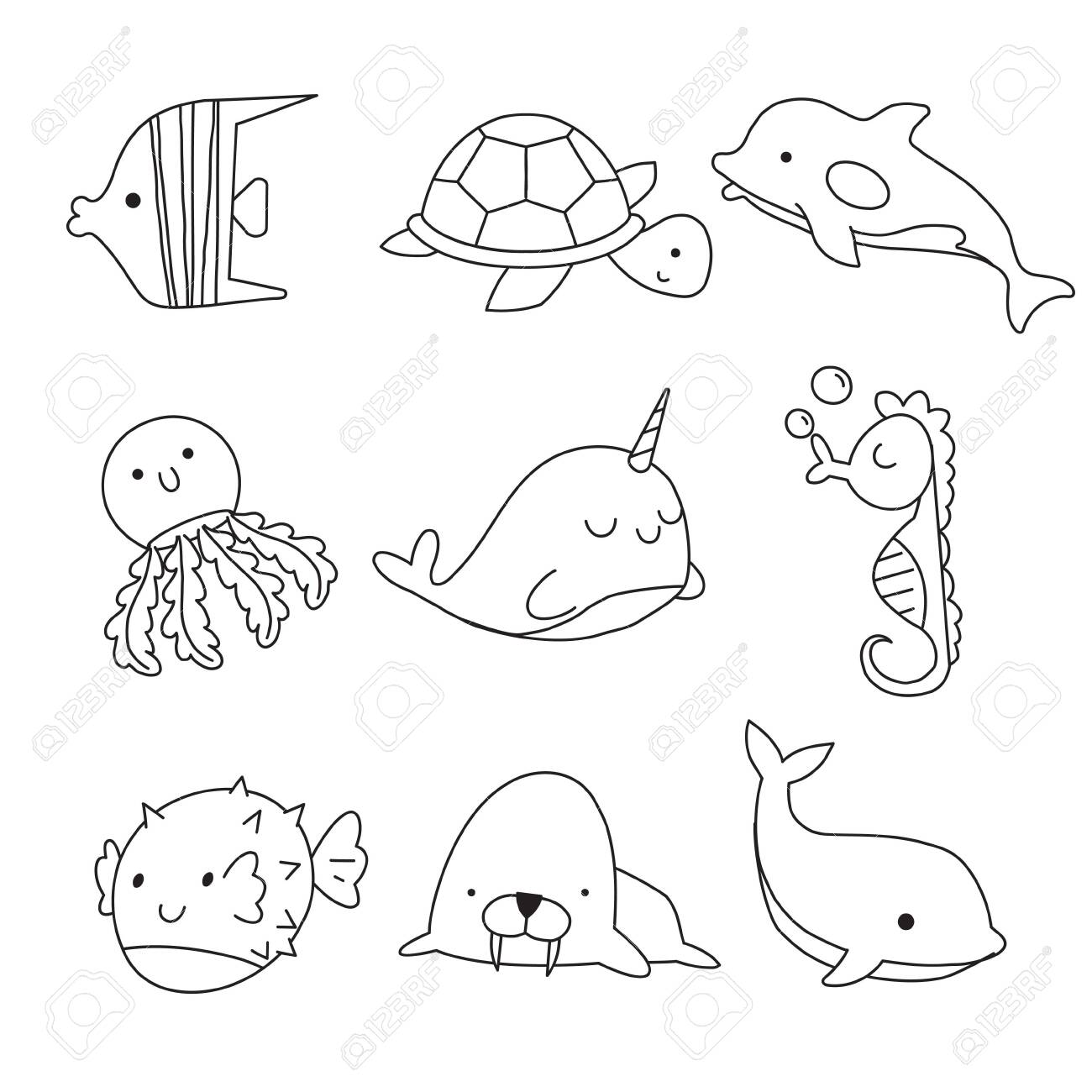 Vector doodle set of sea elements isolated on white background sea animals coloring page for kids royalty free svg cliparts vectors and stock illustration image
