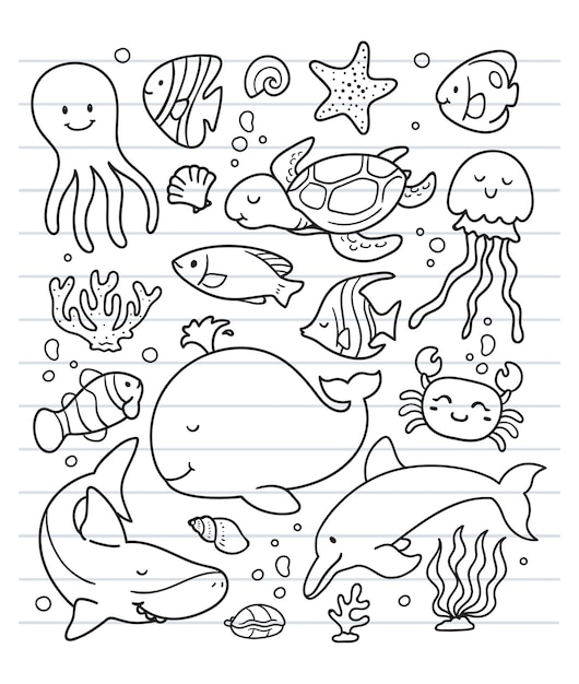 Ocean animals coloring pages printable vectors illustrations for free download