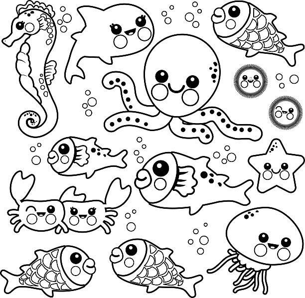 Sea animals coloring book page stock illustration