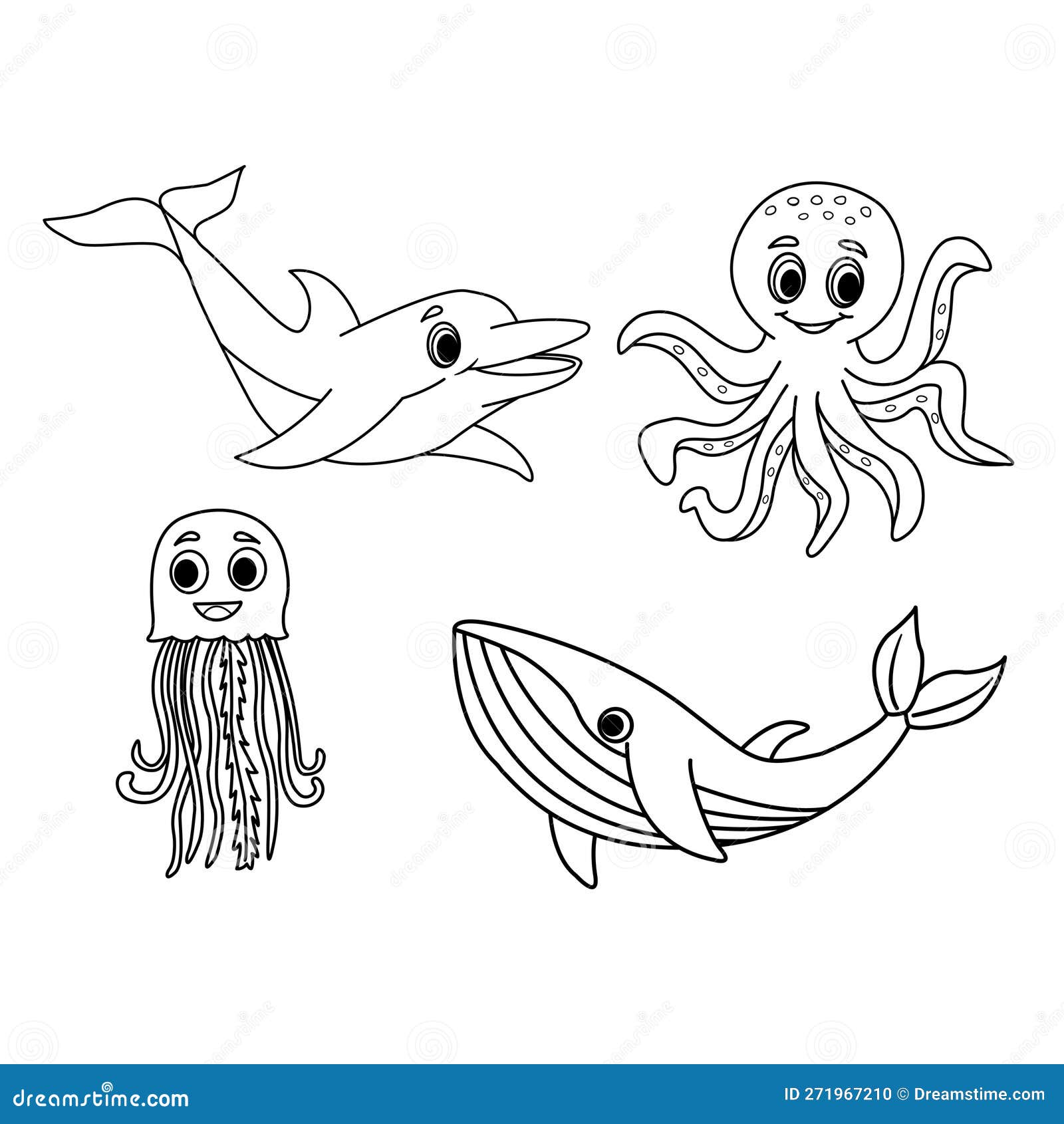 Set of fabulous cute sea animals for coloring pages stock vector