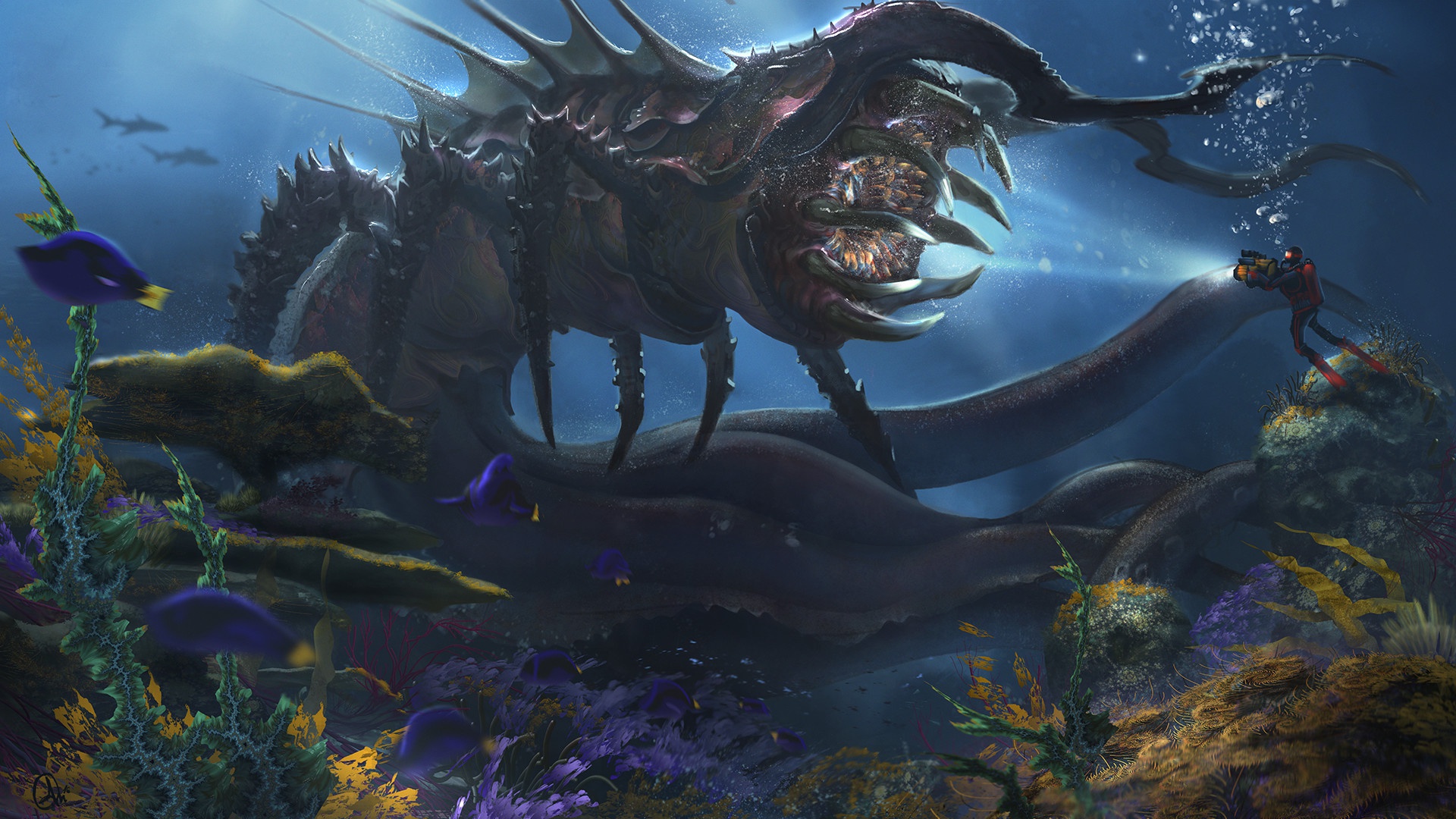 X creature diving underwater sea monster wallpaper jpg