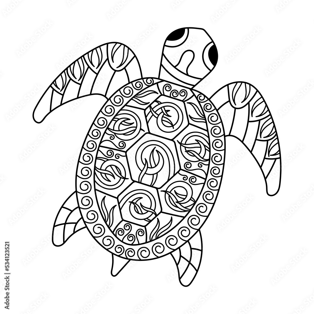 Sea turtle coloring page for adult underwater animals coloring book hand drawn vector illustration vector