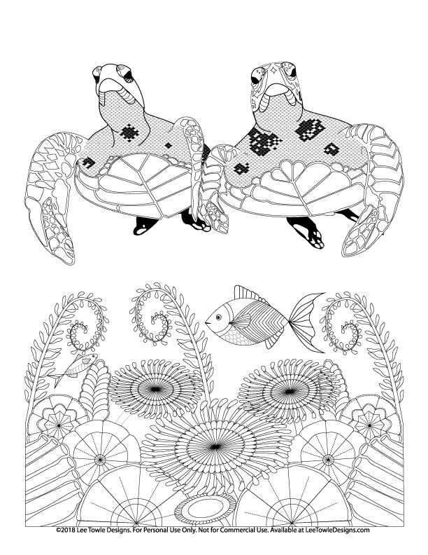 Sea turtles swimming among ocean plants advanced coloring page for adults