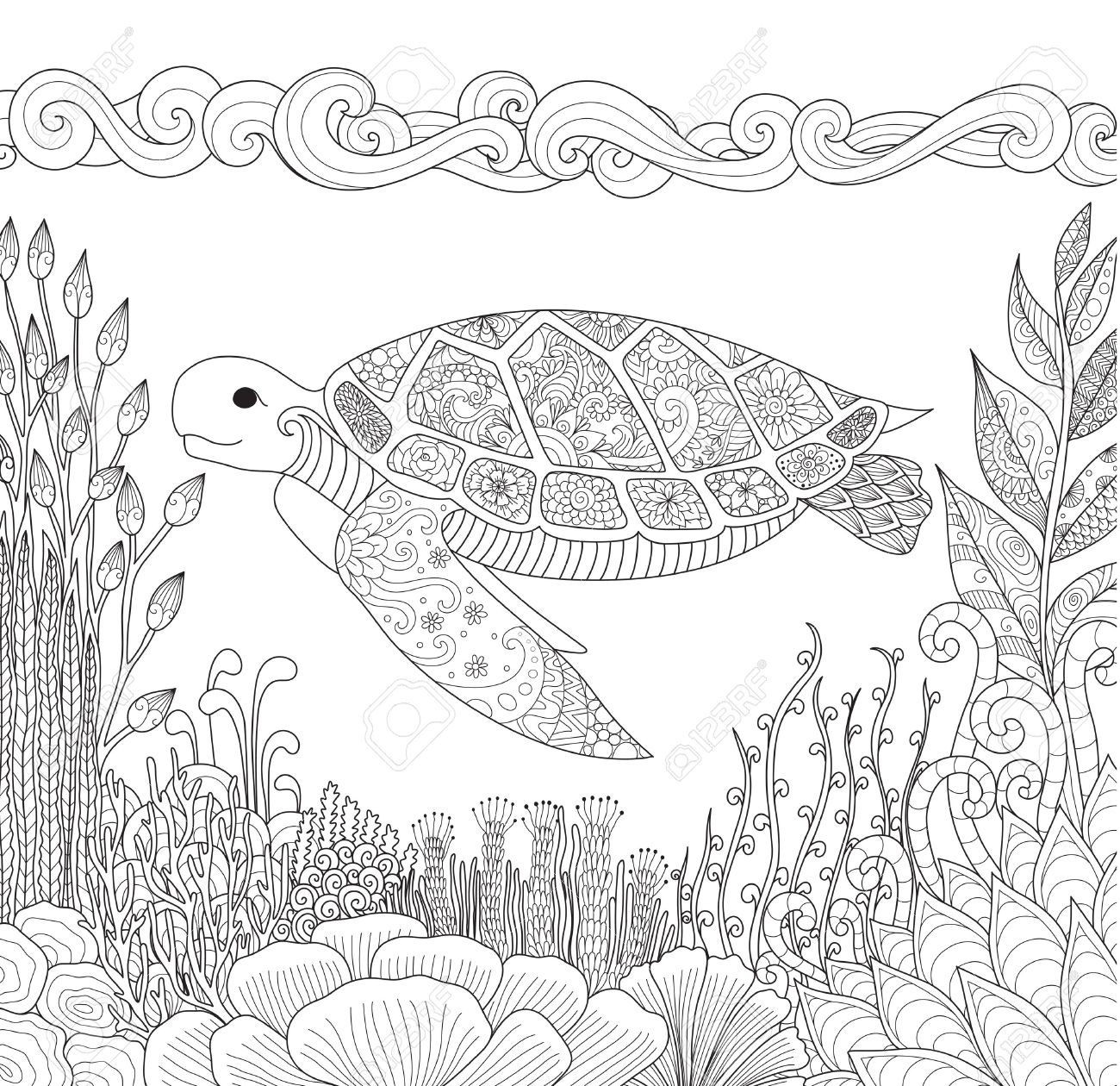 Zendoodle design of turtle swimming in ocean and beautiful corals for adult coloring book for anti stress
