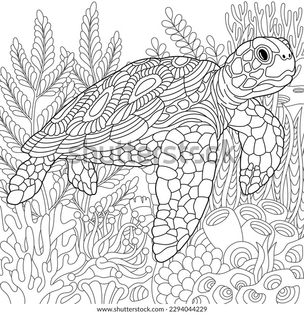 Underwater scene turtle adult coloring book stock vector royalty free