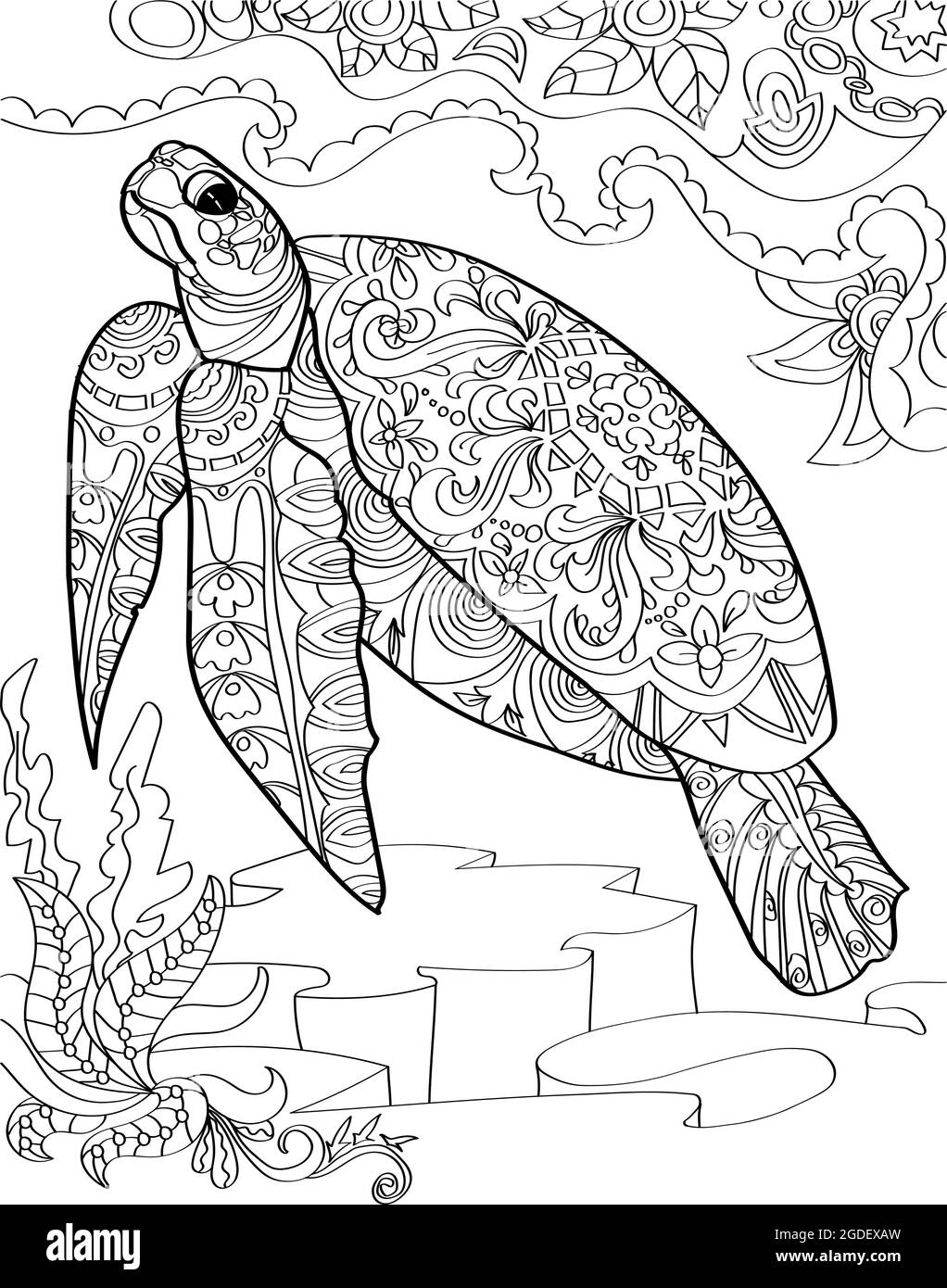 Large sea turtle below the ocean swimming upward colorless line drawing huge aquatic tortoise swims up coloring book page stock vector image art