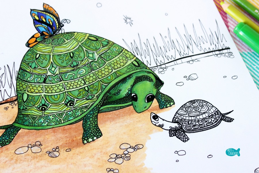 Turtles together turtle coloring page for adults