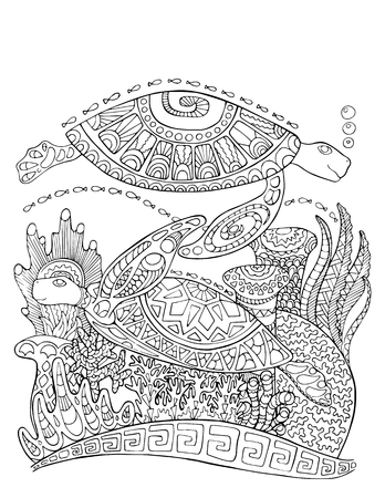 Sea turtle doodle style coloring page underwater vector illustration for adult coloring sea turtles underwater with corals black line bordered coloring page corals and sea tortoise vertical card