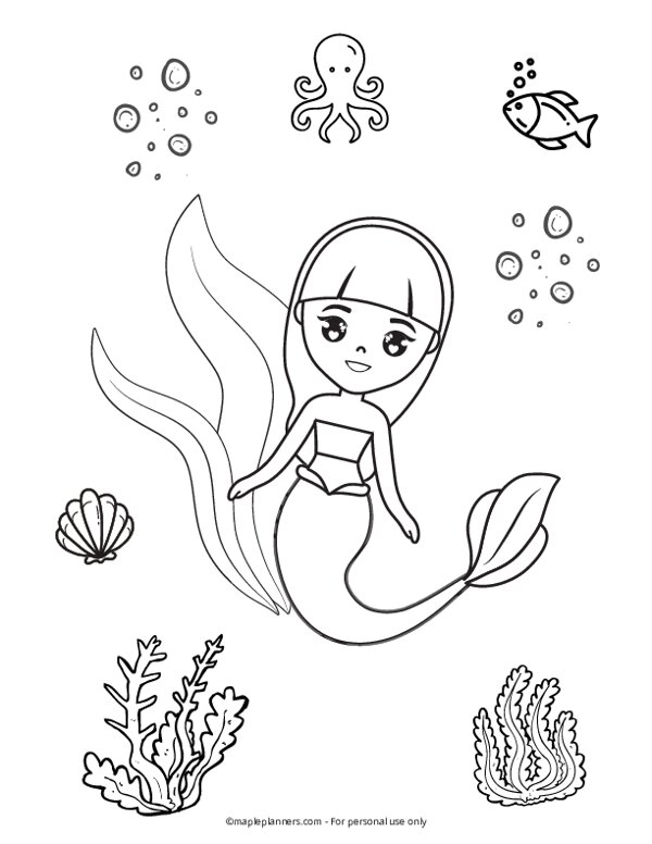 Mermaid with seashell coloring pages for kids