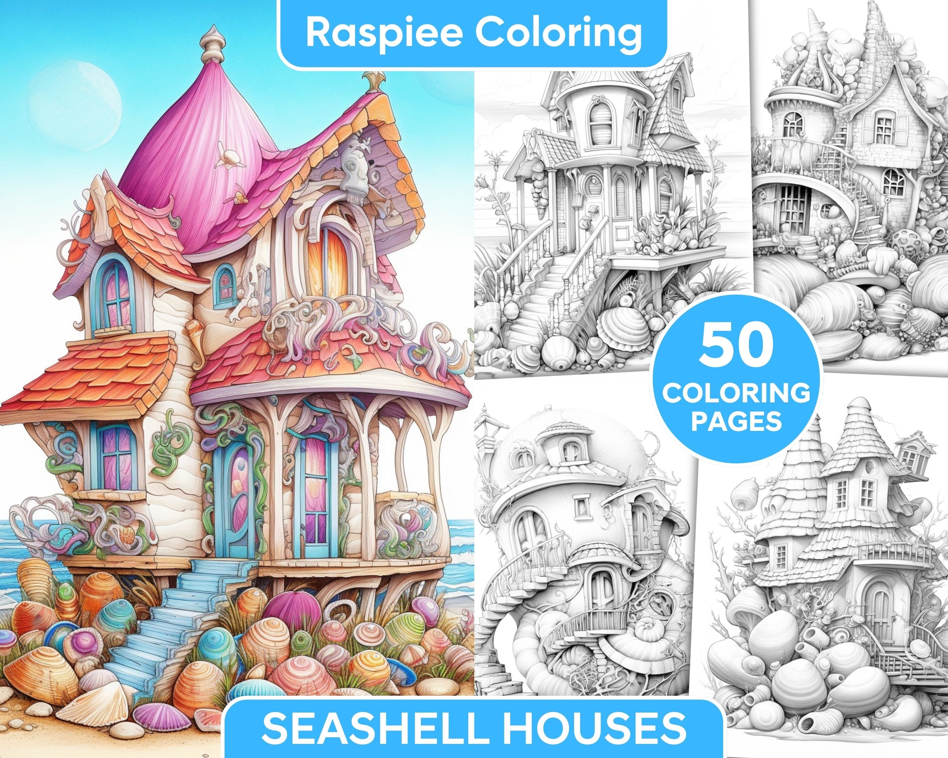 Seashell houses grayscale adult coloring pages printable pdf insta â coloring