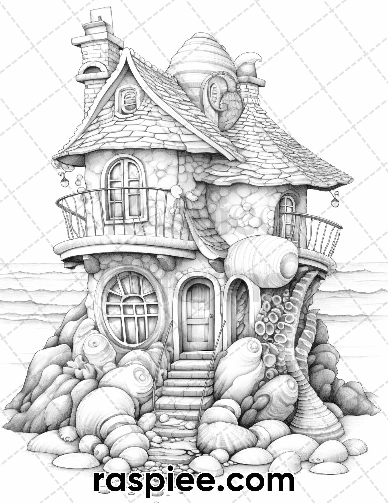 Seashell houses grayscale adult coloring pages printable pdf insta â coloring