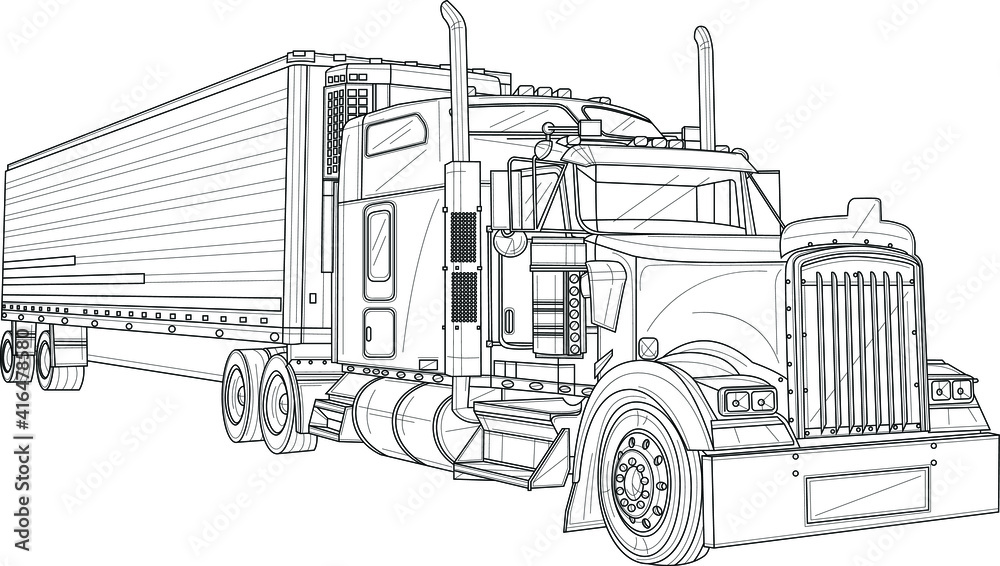 Classic truck car realistic sketch template graphic cartoon vector illustration in black and white for games background pattern decor coloring paper page story book print for fabrics vector