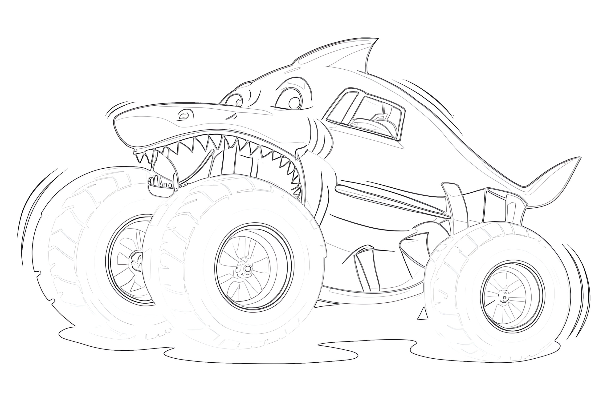 Printable shark monster truck coloring page