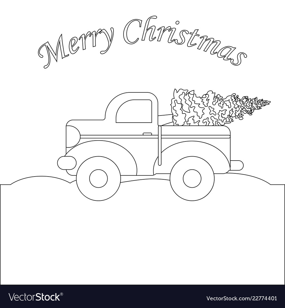 Red truck with christmas tree coloring page vector image