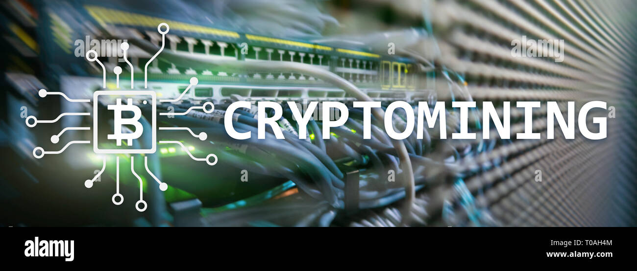 Cryptocurrency mining concept on server room background web site header wallpaper stock photo