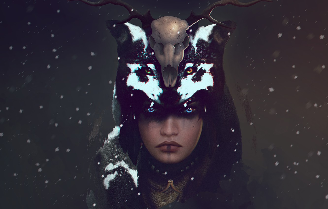 Wallpaper look girl snow skull wolf deer art horns shaman images for desktop section ñððñðññððºð