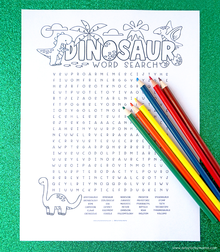 Free printable dinosaur word search coloring page artsy