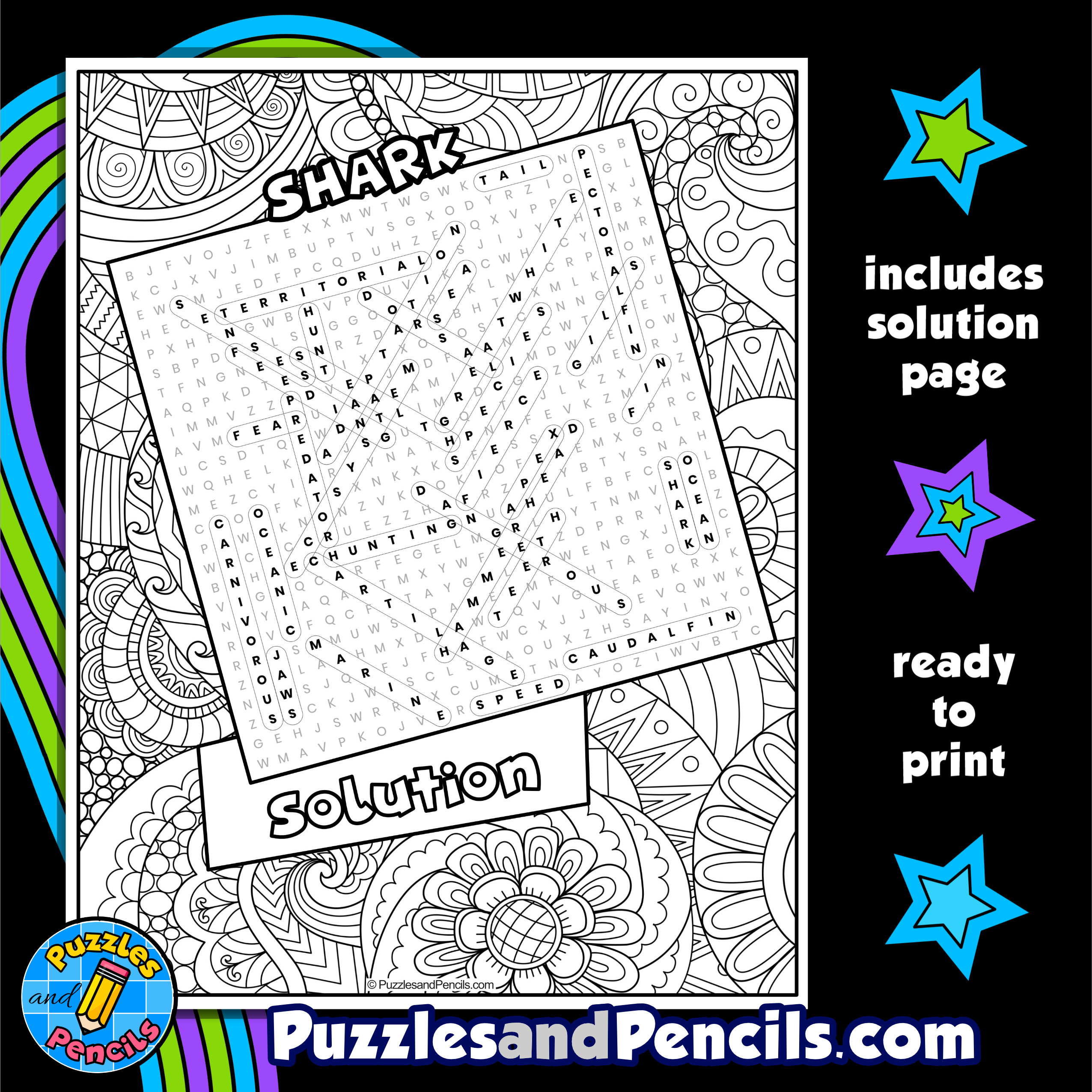 Shark word search puzzle activity with coloring wordsearch made by teachers