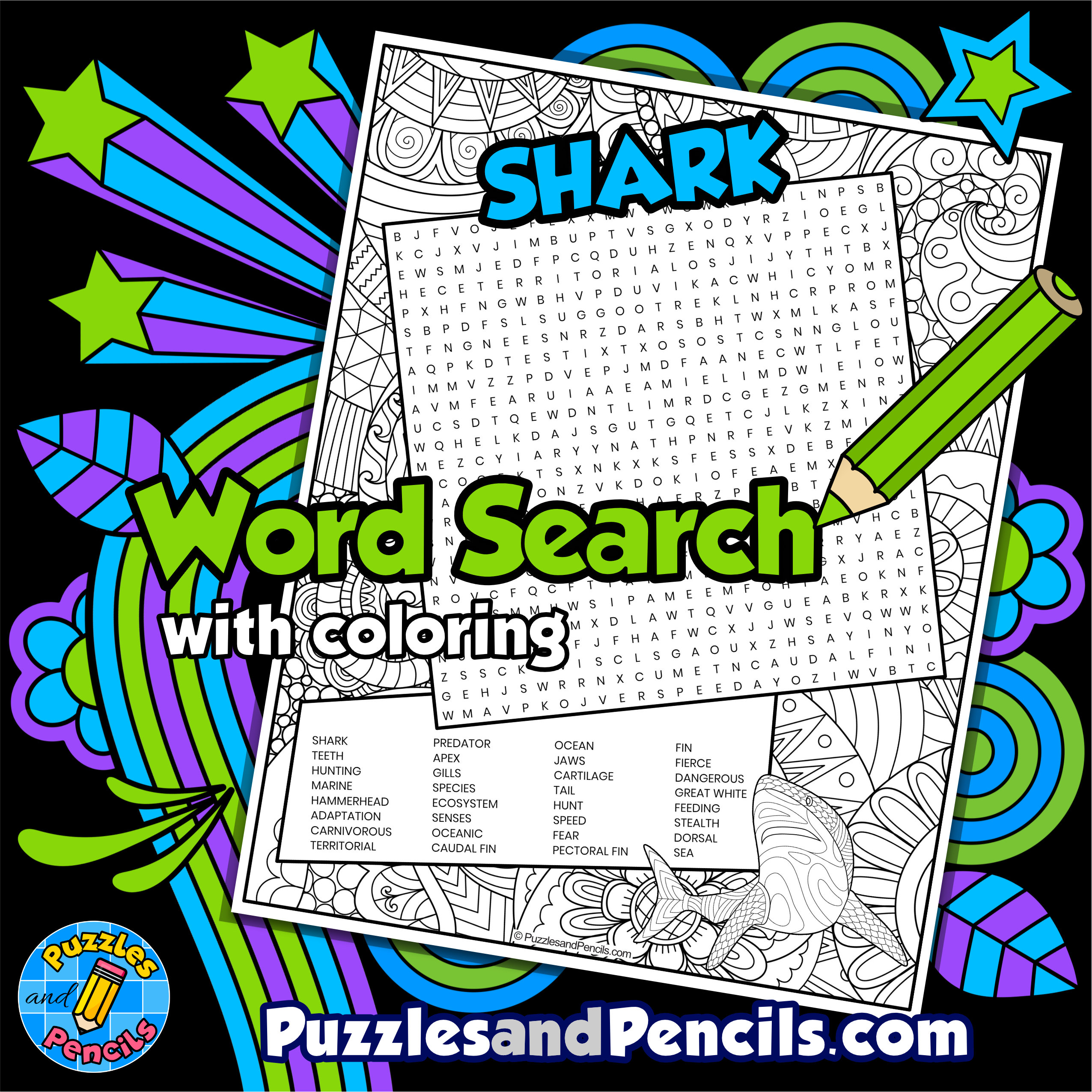 Shark word search puzzle activity with coloring wordsearch made by teachers