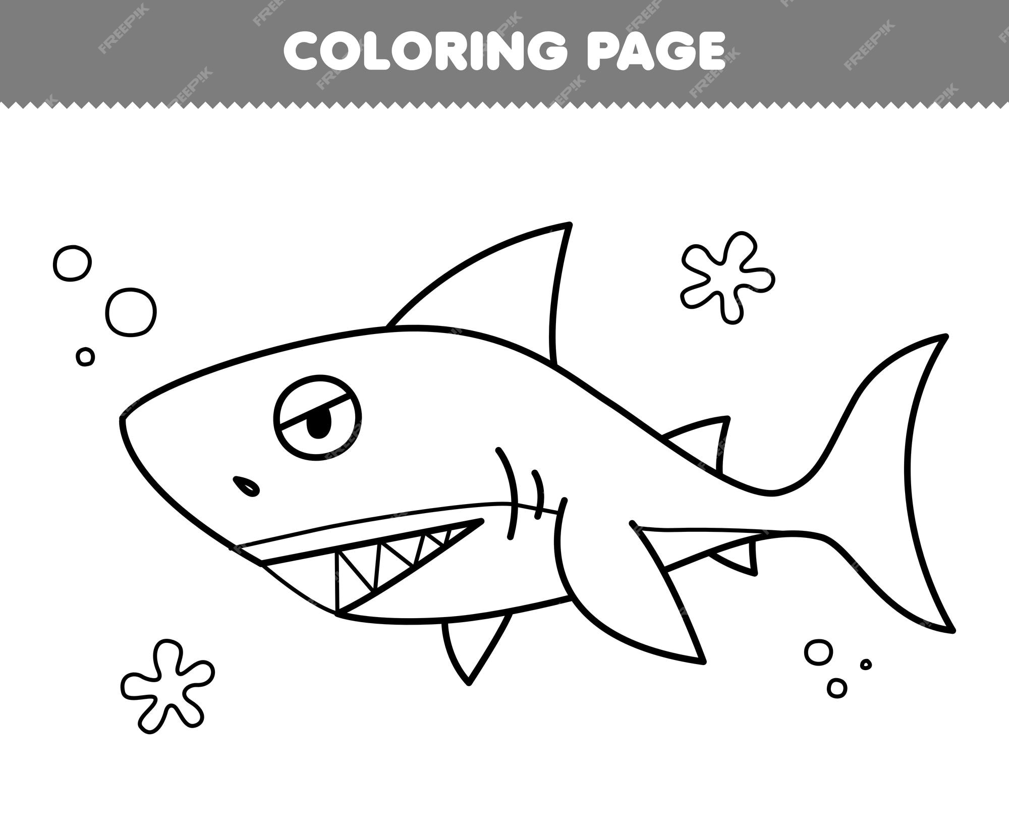Premium vector education game for children coloring page of cute cartoon shark line art printable underwater worksheet