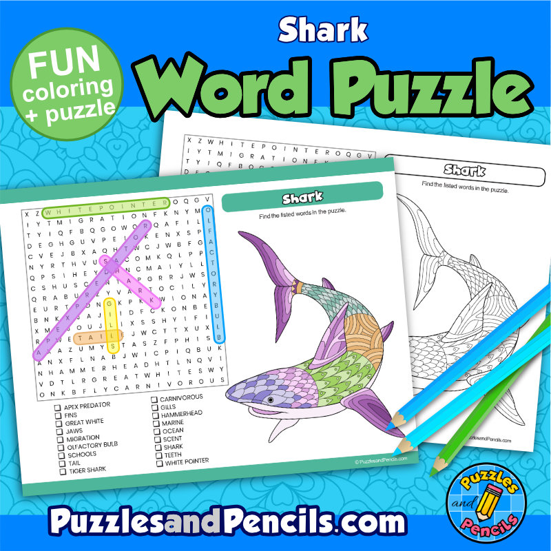 Shark word search puzzle activity page and coloring wordsearch made by teachers