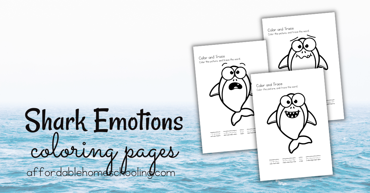 Free printable shark emotions color and write pages