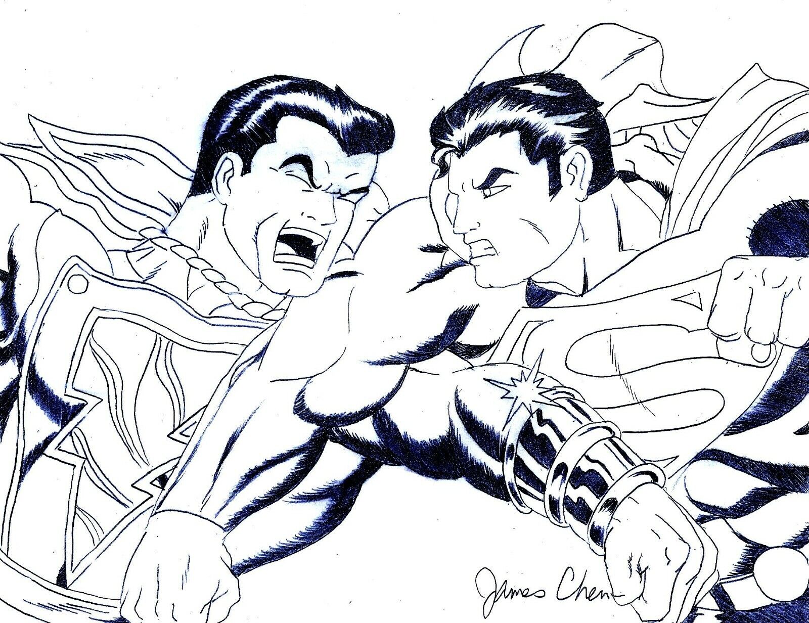 Superman vs shazam captain marvel original ic art on card stock