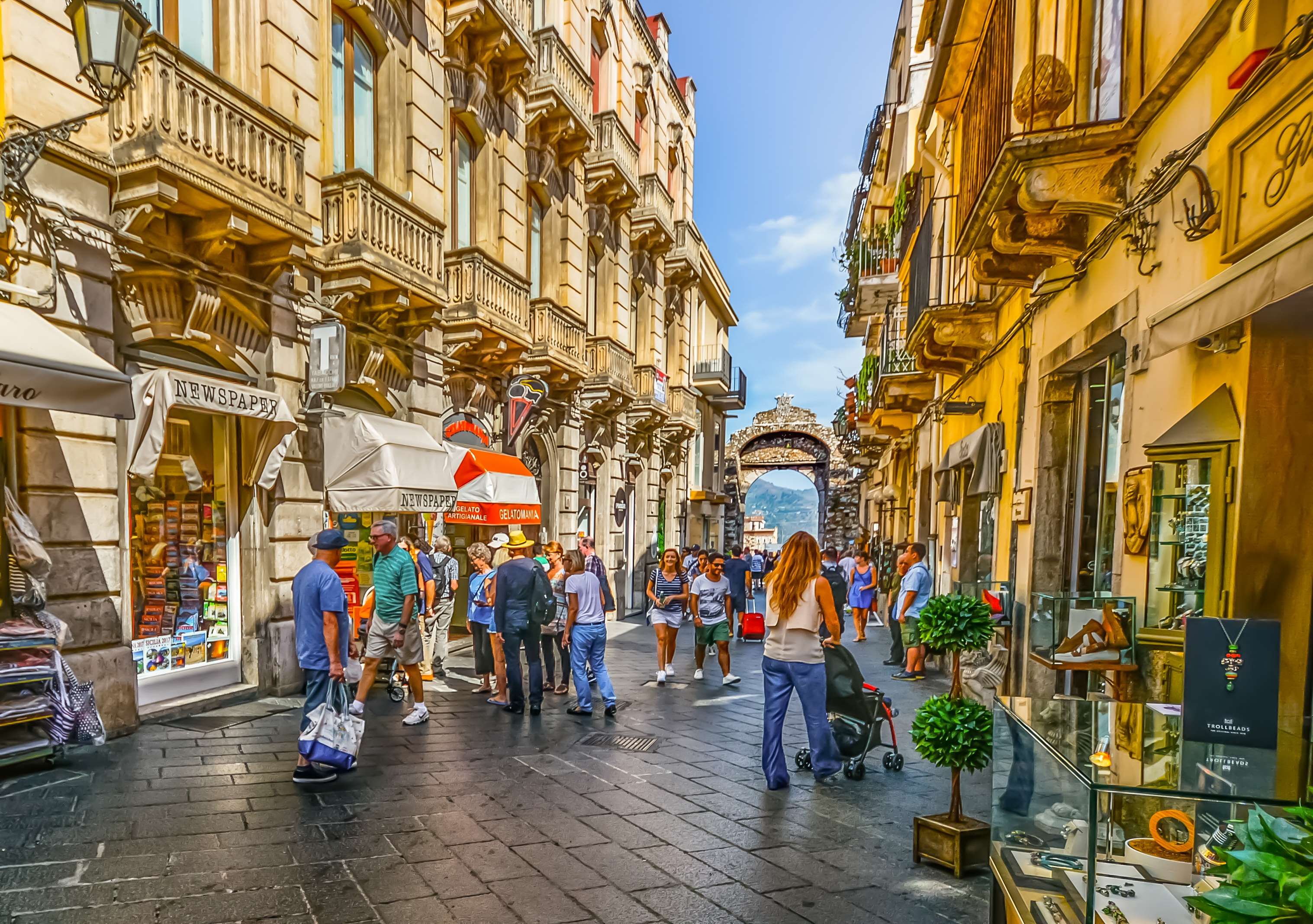 Architecture city colorful italian italy old scene shopping shops sicilian sicily street taormina tourism travel view village