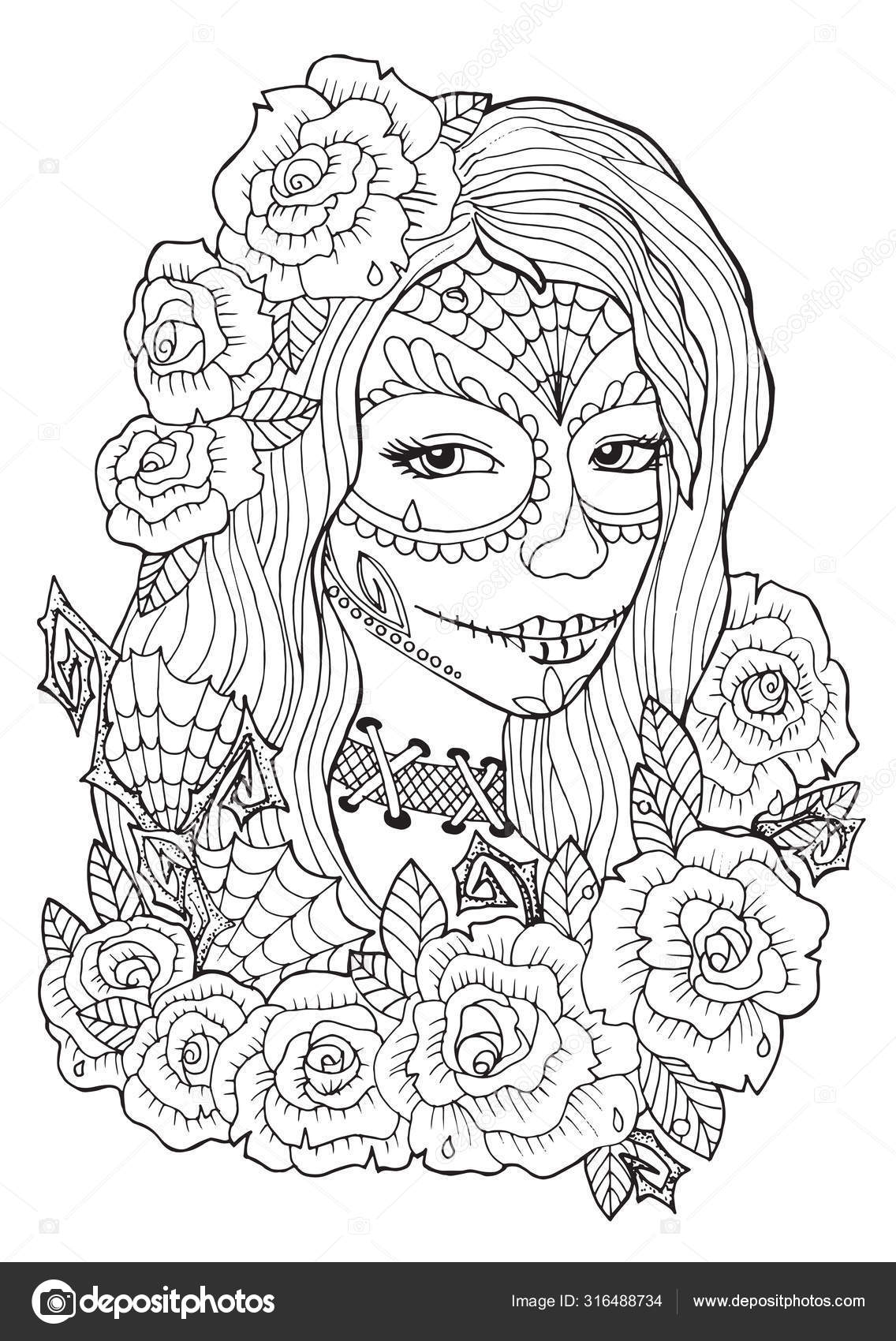 Day of the dead coloring pages for adults stock vector by snowkat
