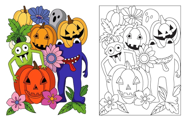 Premium vector cute blue and green ghost with boo and creepy pumpkin some flower decorations halloween coloring art