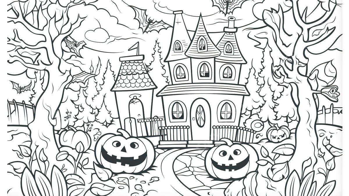 Halloween coloring pages with a castle and pumpkins background coloring picture halloween halloween halloween powerpoint background image and wallpaper for free download