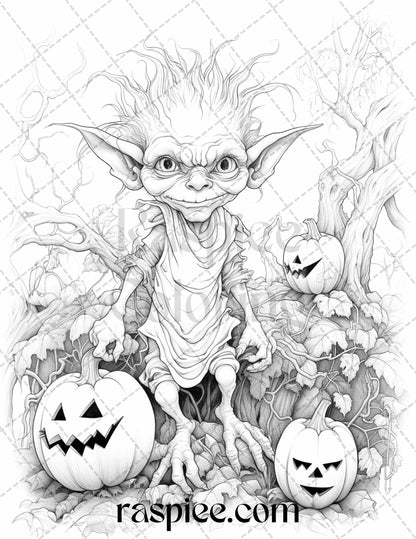 Halloween goblin grayscale coloring pages printable for adults pdf â coloring