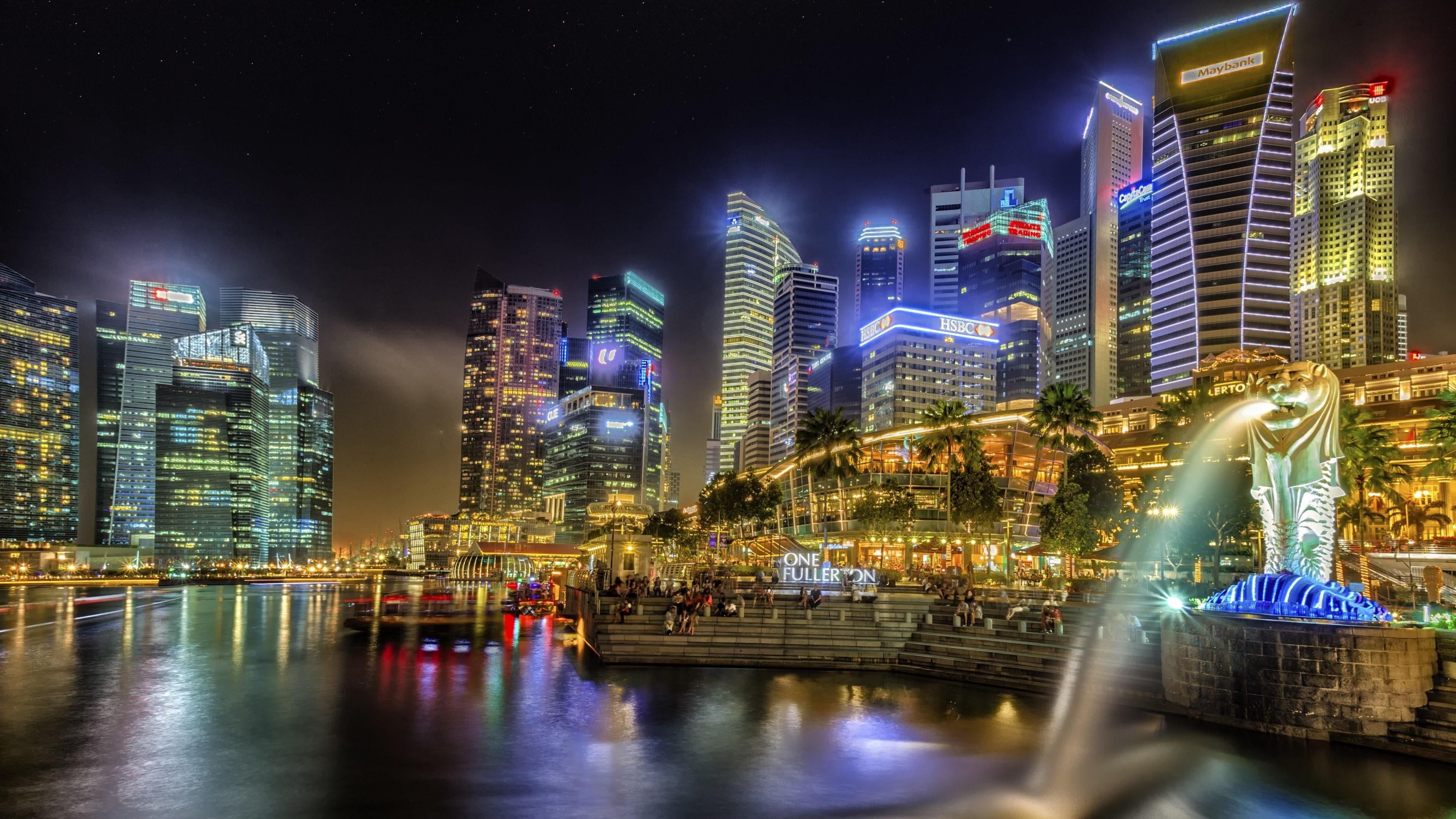 Singapore night city lights skyscrapers asia k wallpaper hdwallpaper desktop singapore city city lights at night fountain city