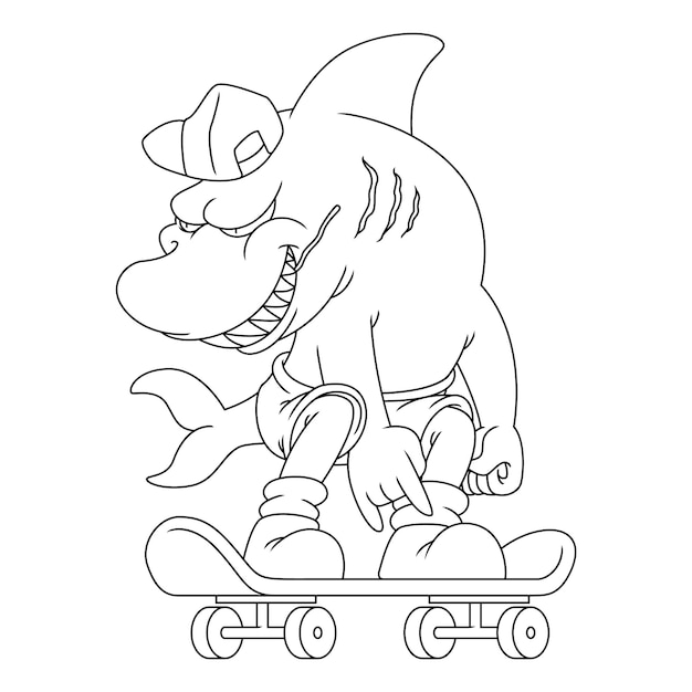 Premium vector coloring illustration of cartoon shark riding a skateboard
