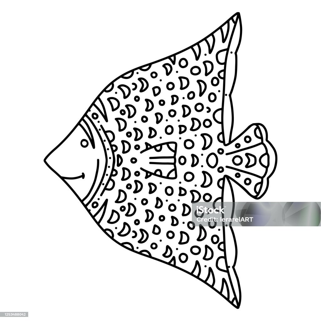 Fish decorative graphic fish and moon line drawing vector and zentangle coloring book for children and adults coloring book page hand drawn sea animal illustration stock illustration