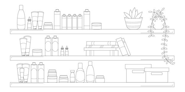 Premium vector coloring page of shelf with cosmetics products tubes for cosmetics and skin care bosex plant and