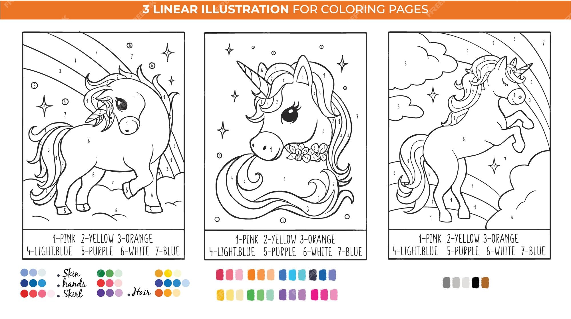 Premium vector unicorn and rainbows by number coloring book pages learn numbers and colors printable worksheet