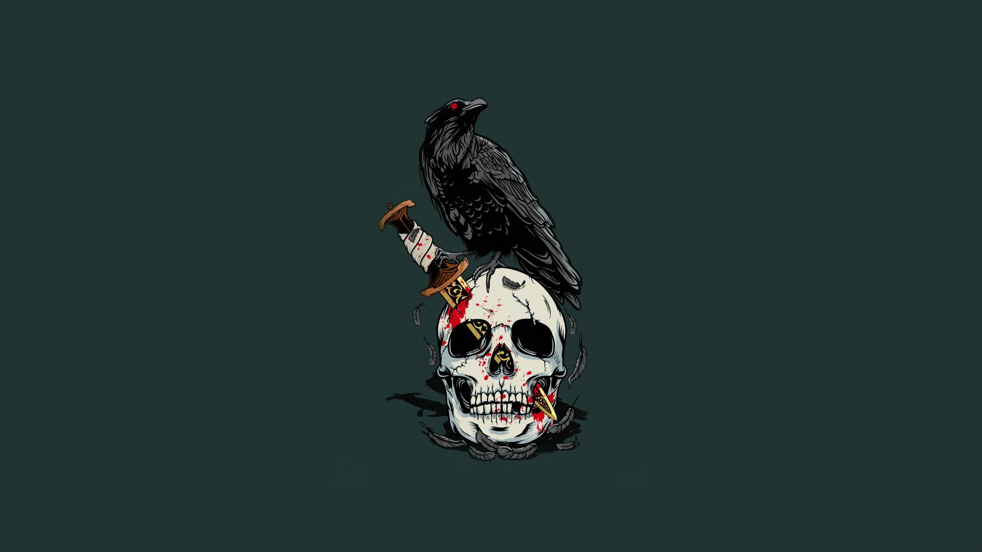 Birds simple background skull knife artwork green animals teeth feathers blood green background raven