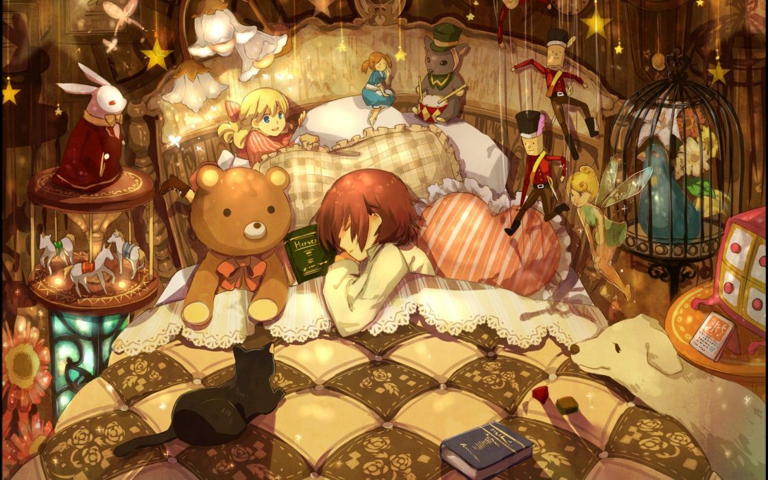 Beds toys children books sleeping artwork anime anime girls wallpaper x