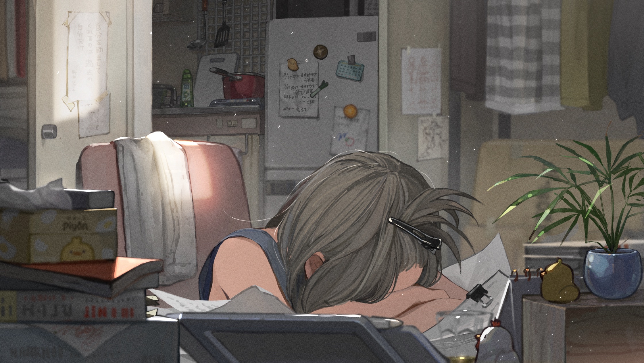 Download x anime girl sleeping room hard work hairpin gray hair wallpapers