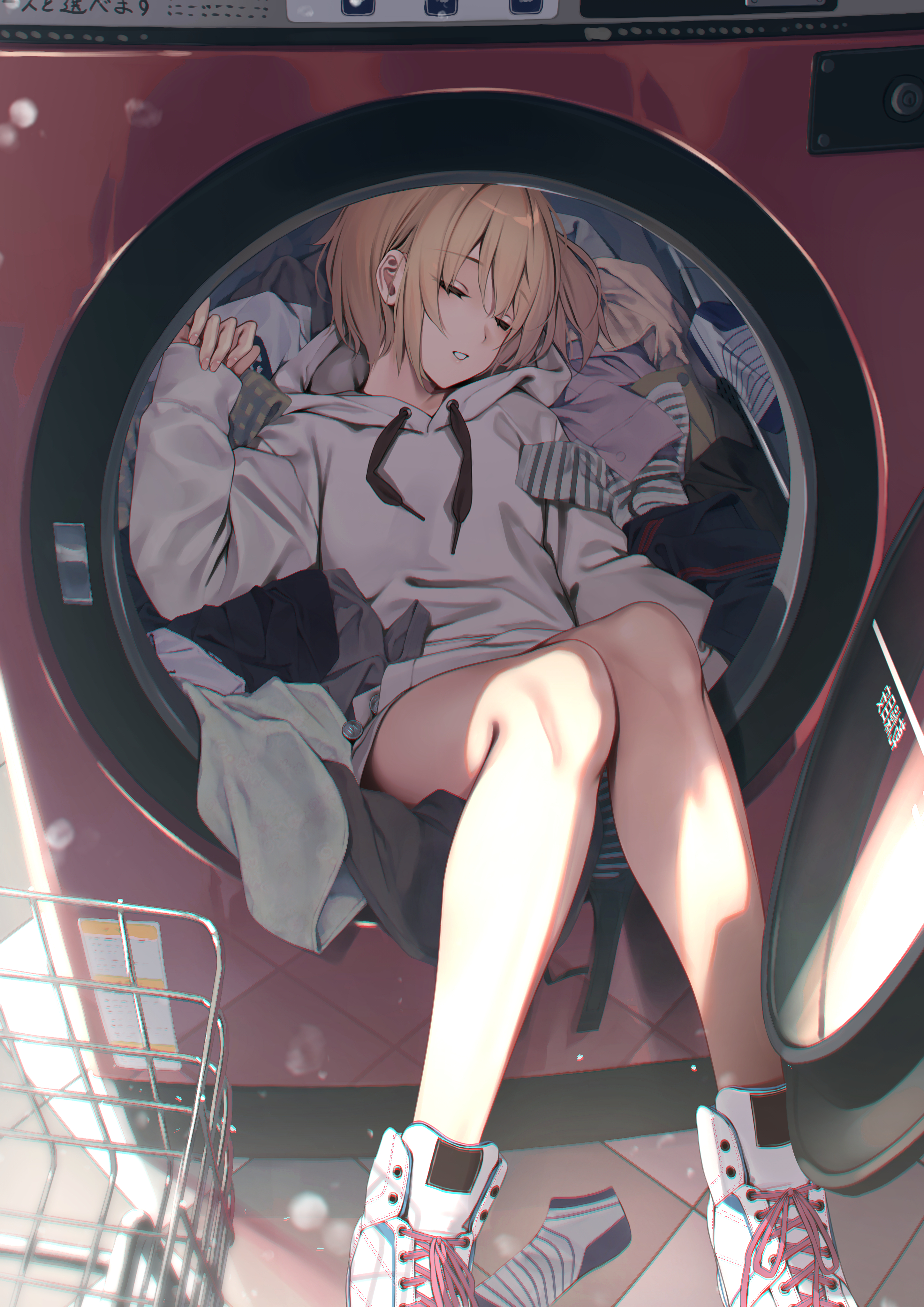 Anime anime girls washing machine blonde short hair sleeping rerrere artwork wallpaper