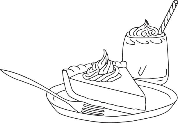 Pumpkin pie with whipped cream on plate fork freehand line art style graphic black color sketch vector illustration thanksgiving isolated coloring page greeting card poster stock illustration